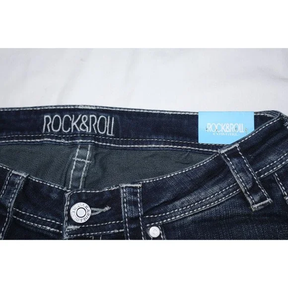 Rock & Roll Cowgirl Ladies Riding Boot Cut Jeans 29x34 Rhinestone Big Stitch - Picture 4 of 14